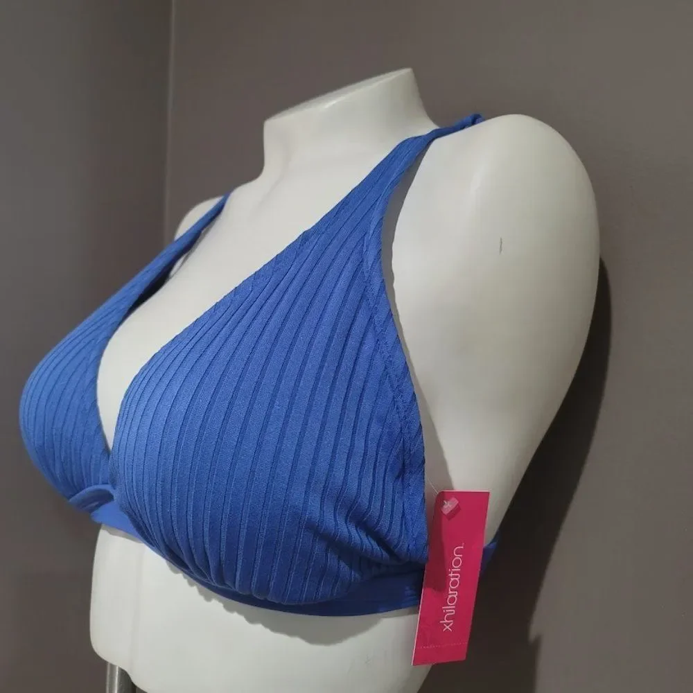 Xhilaration  Blue Ribbed Plung Triangle Bikini Top - Picture 4 of 7